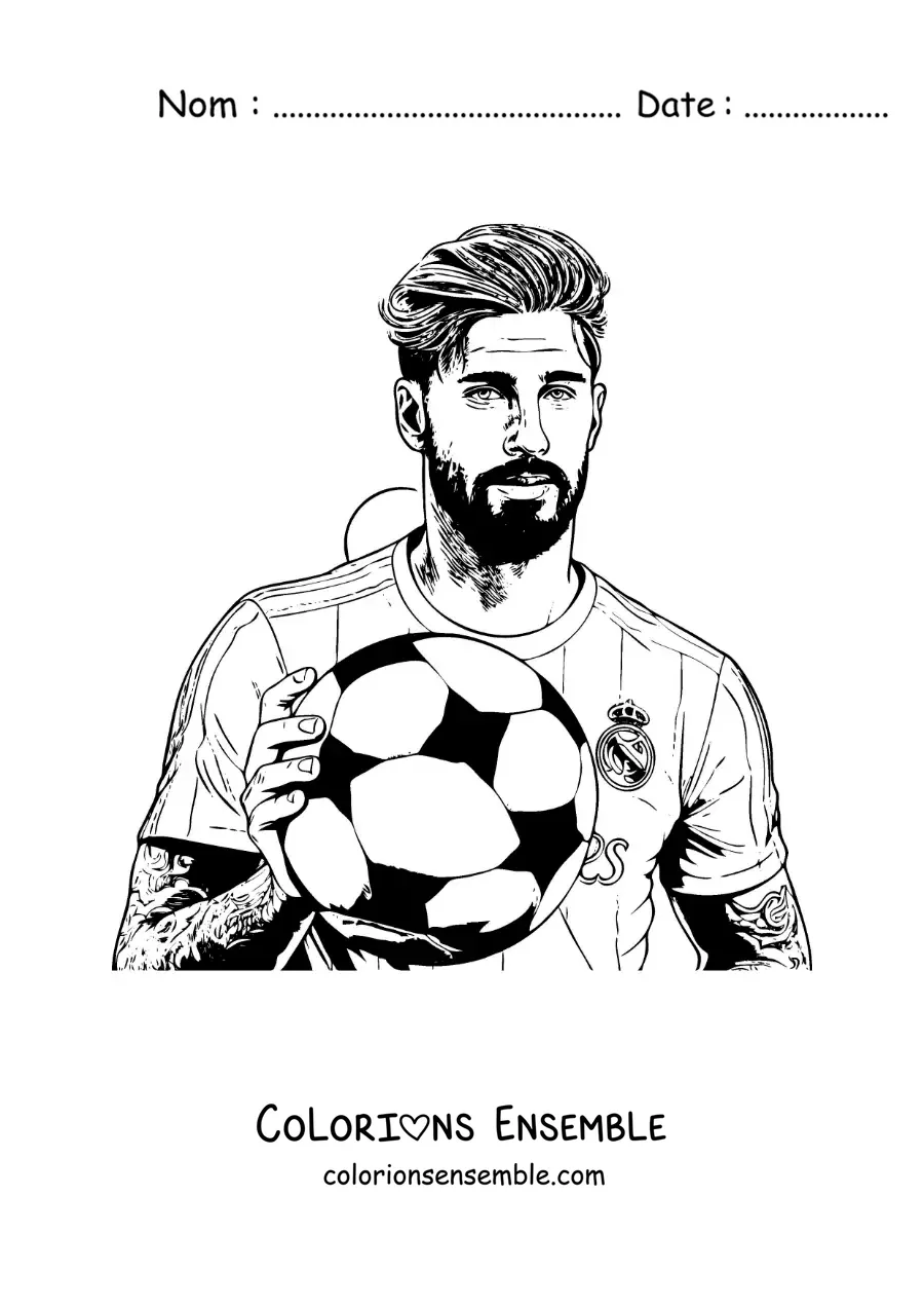 Image à colorier d’un portrait de Sergio Ramos avec un ballon de football