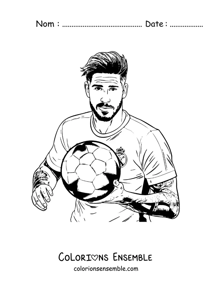 Image à colorier de Sergio Ramos avec un ballon de football