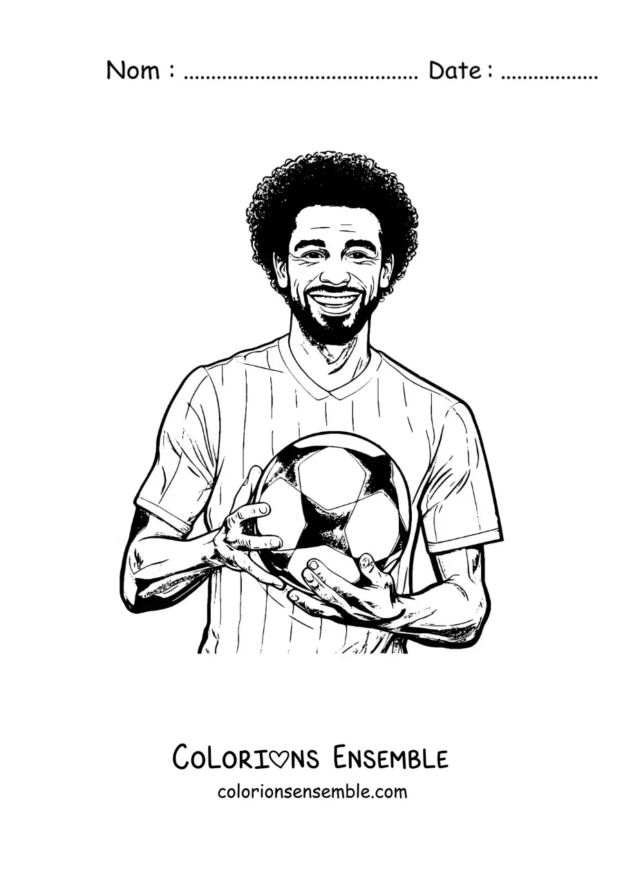 Image à colorier de Mohamed Salah version dessin animé avec un ballon de football