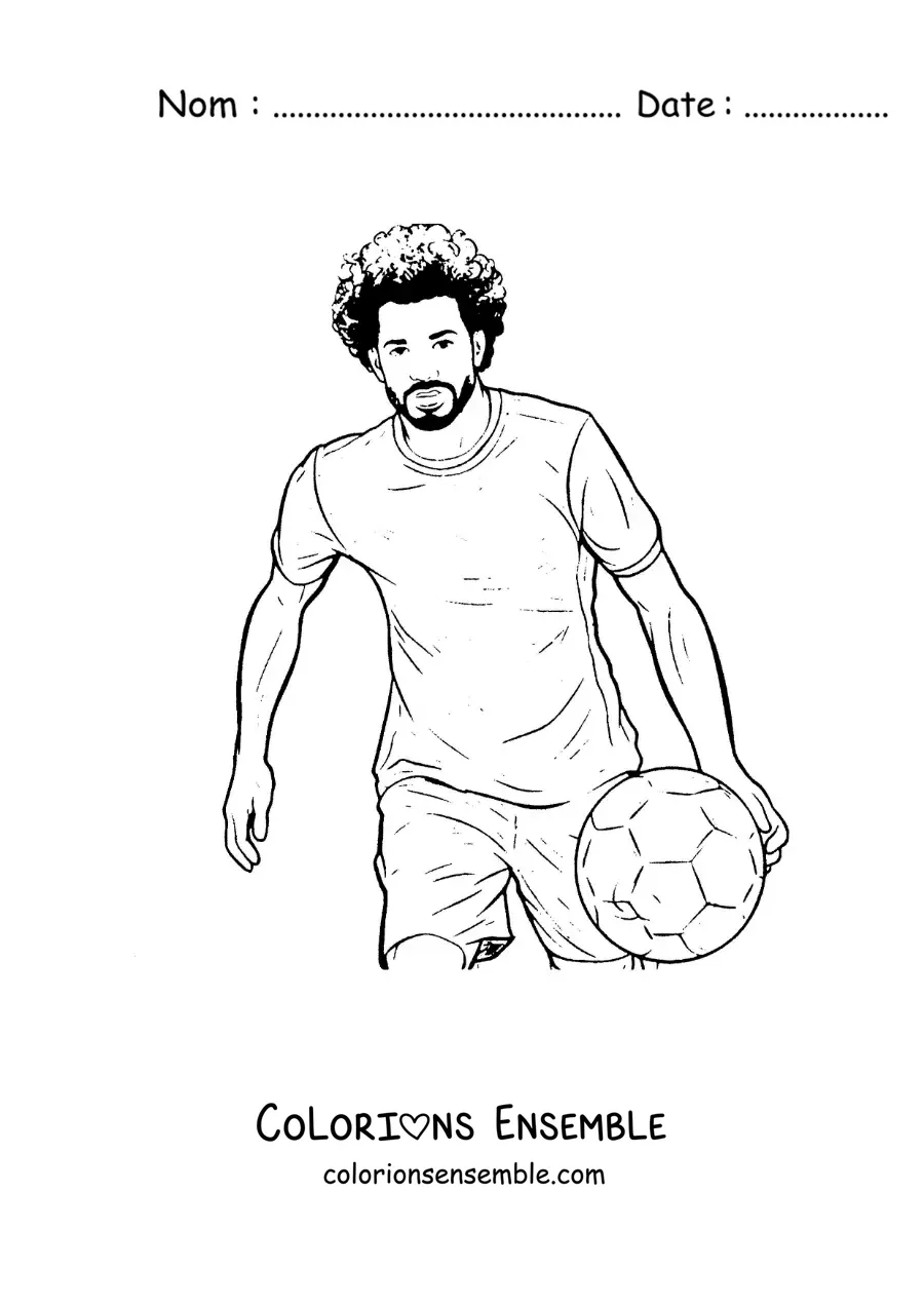 Image à colorier de Mohamed Salah version dessin animé en train de jouer au football