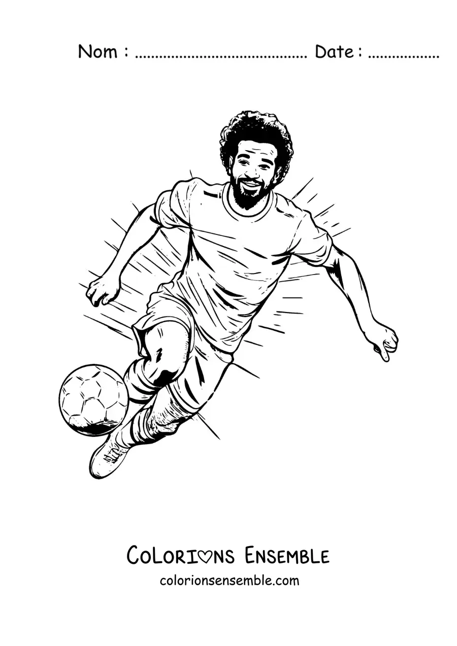 Image à colorier d’une caricature de Mohamed Salah en train de jouer au football