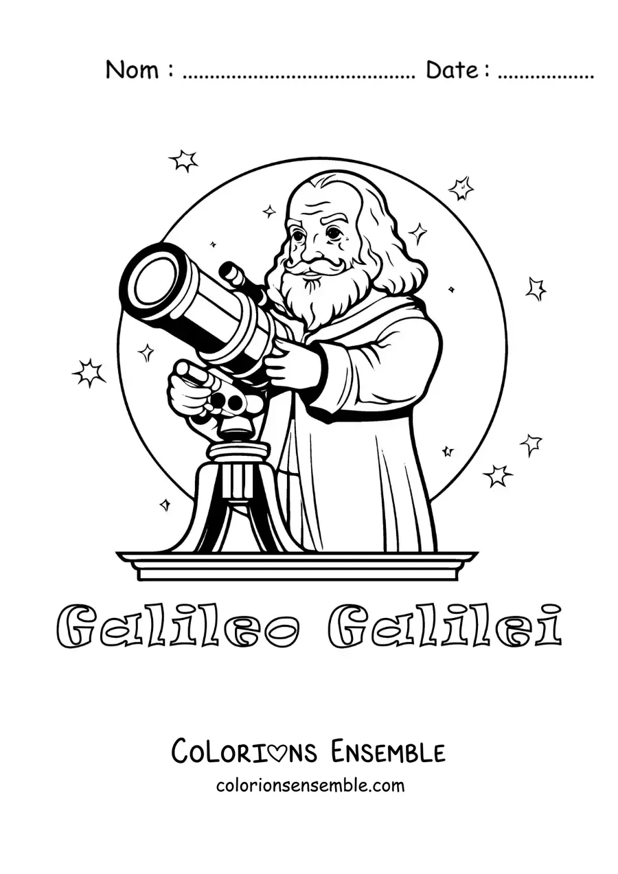 Image à colorier de Galilée version dessin animé avec une lunette astronomique