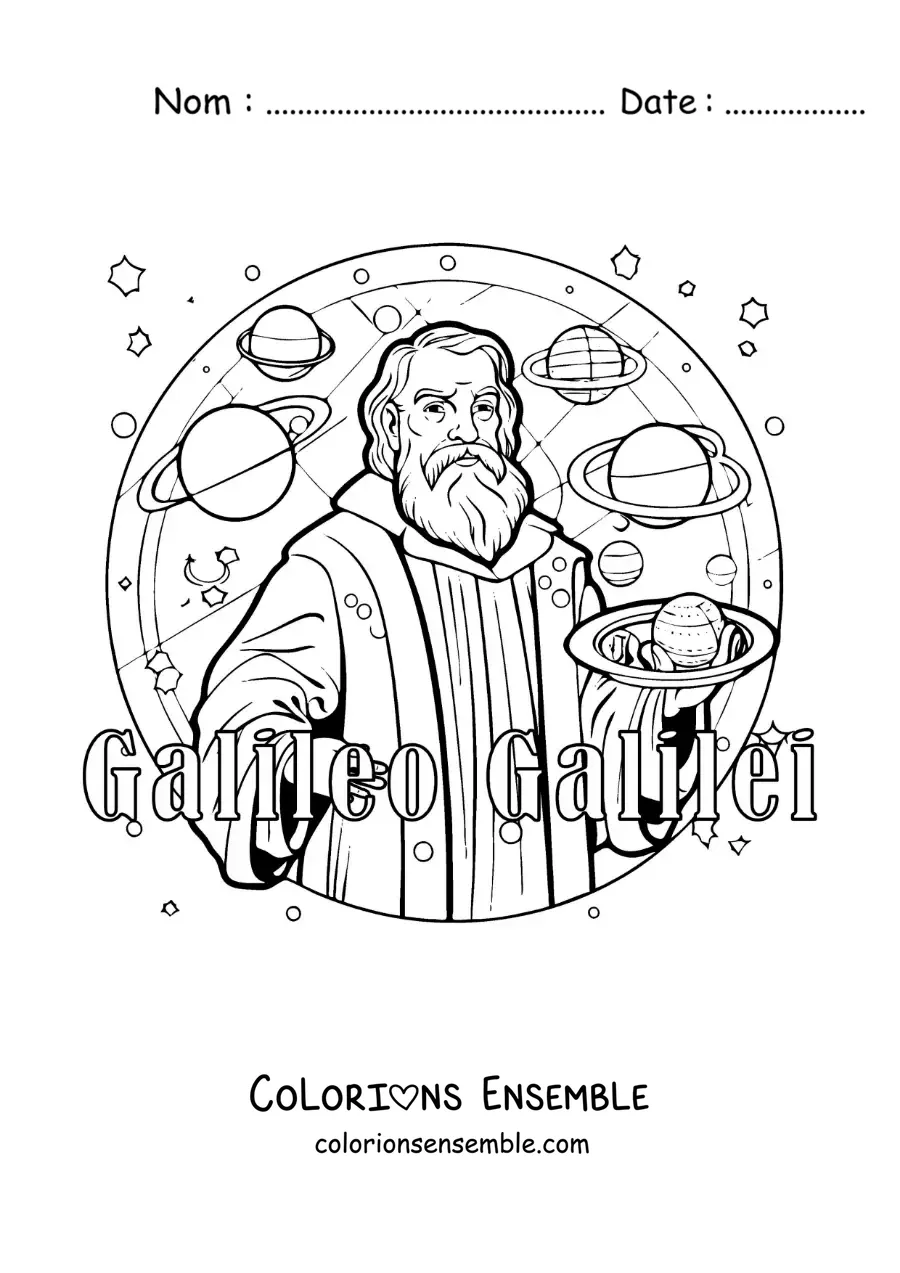 Image à colorier de Galilée version dessin animé avec les planètes