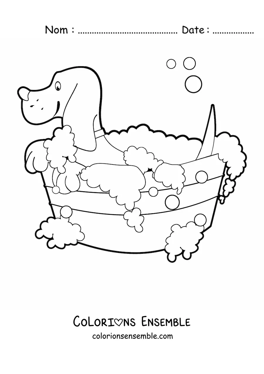Image à colorier d’un chien prenant un bain dans une bassine pleine de bulles
