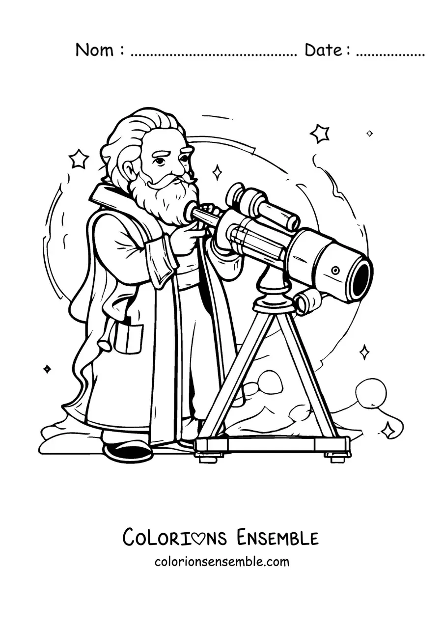 Image à colorier de Galilée version dessin animé regardant à travers une lunette astronomique