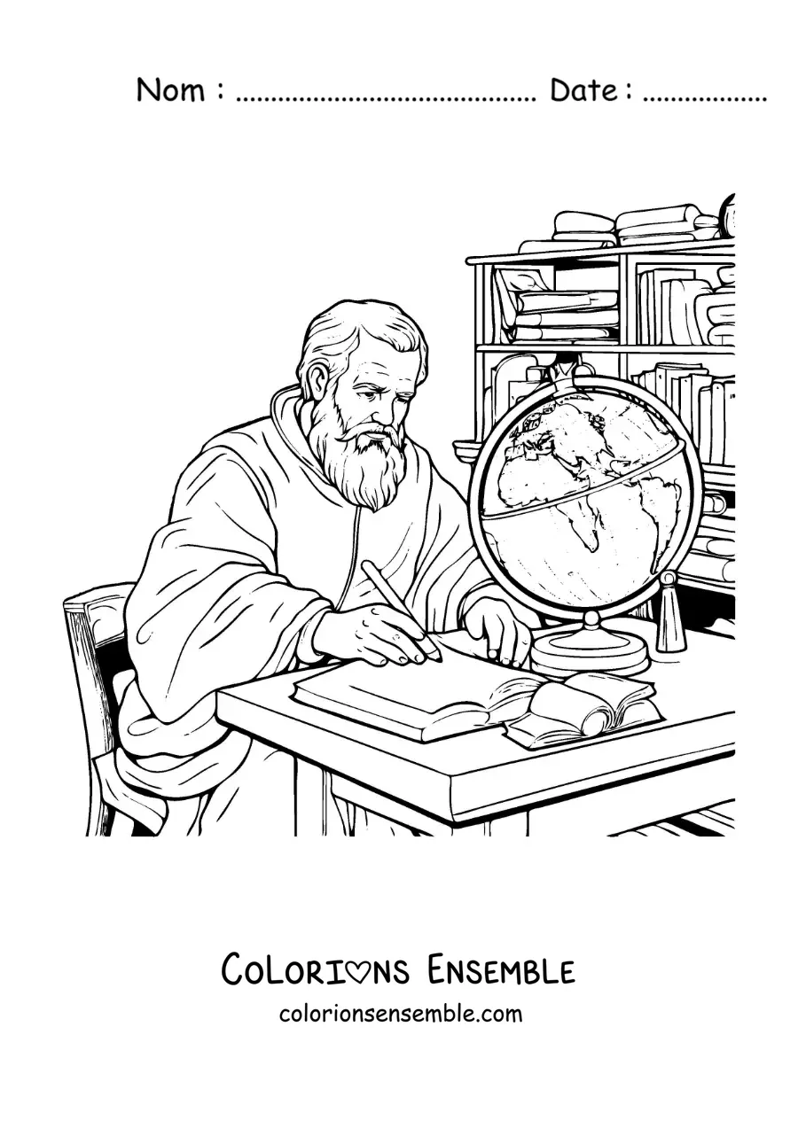 Image à colorier de Galilée en train d’étudier à un bureau