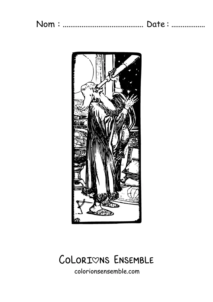 Image à colorier d’une caricature de Galilée avec une lunette astronomique