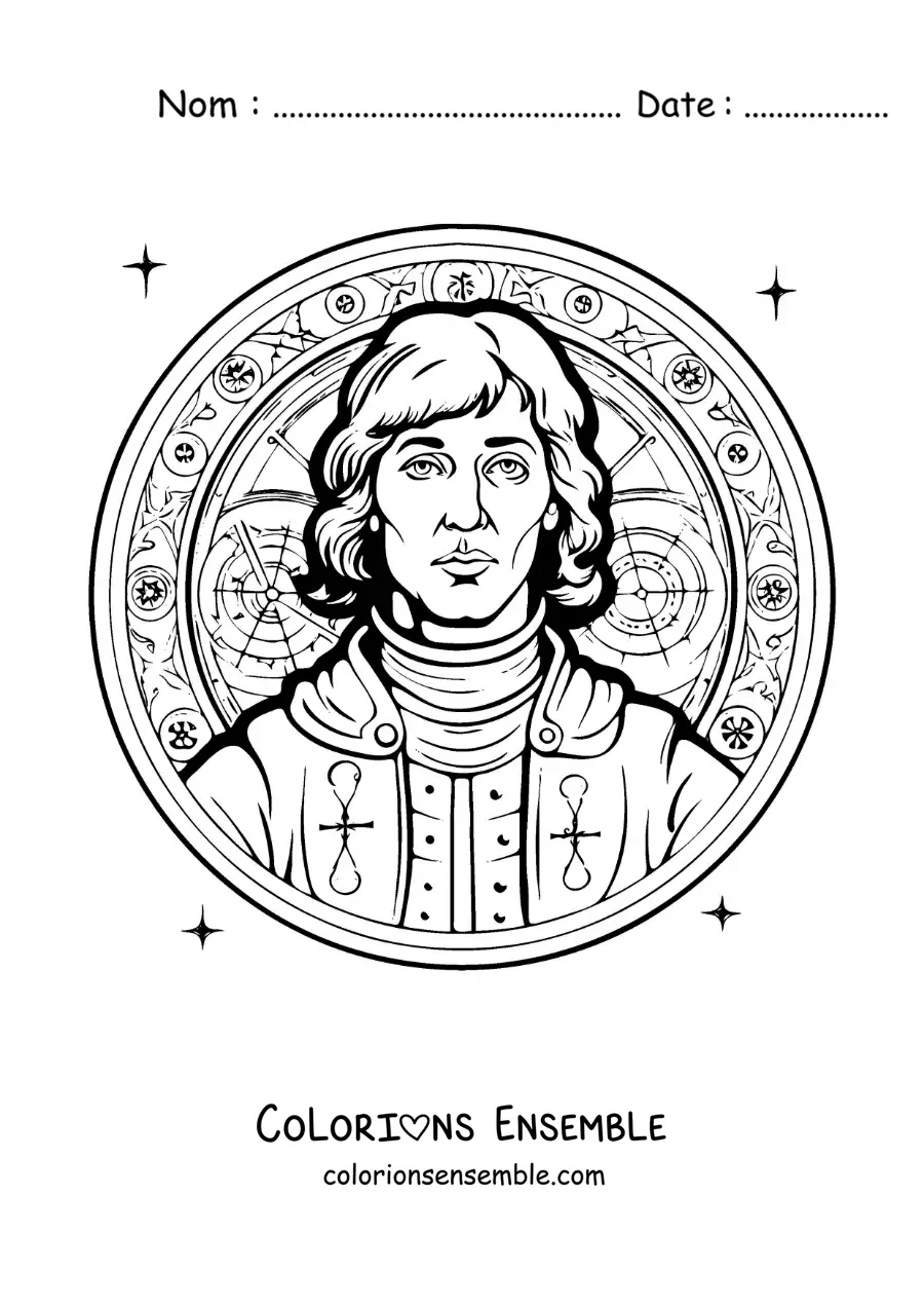 Image à colorier de Nicolas Copernic version dessin animé avec un mandala