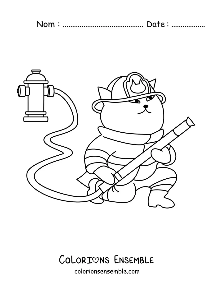 Image à colorier d'un chat pompier animé tenant un tuyau