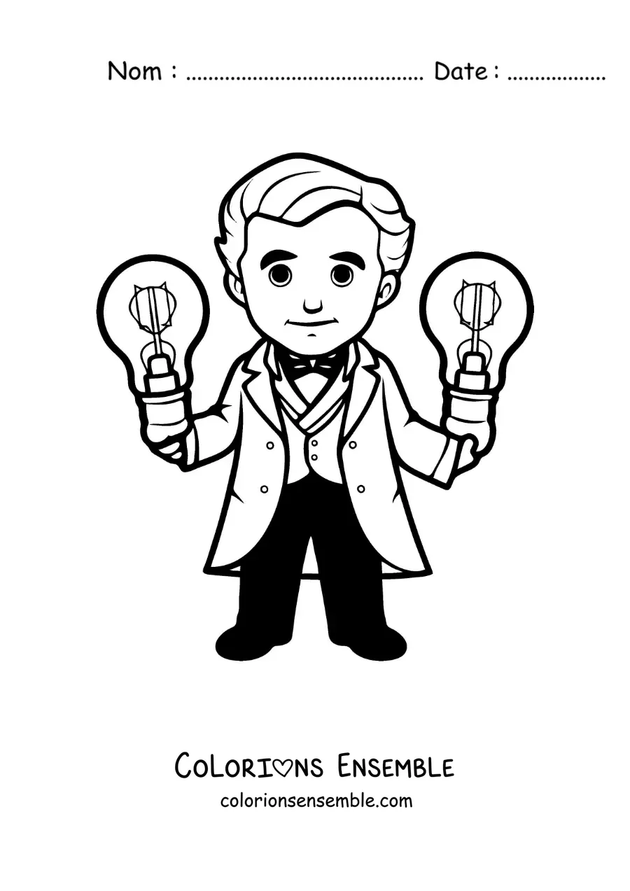 Image à colorier de Thomas Edison version dessin animé kawaii avec deux ampoules