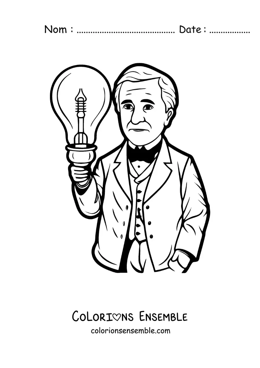 Image à colorier d’une caricature de Thomas Edison avec une ampoule