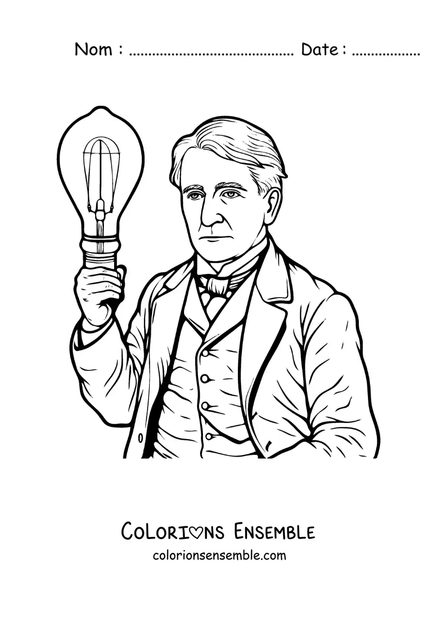 Image à colorier de Thomas Edison version dessin animé avec une ampoule