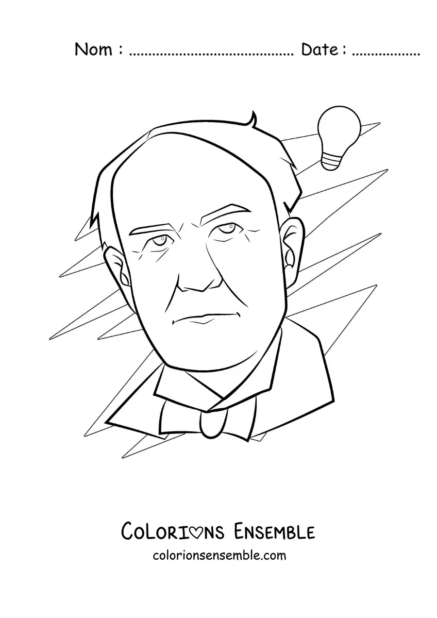 Image à colorier d’un portrait facile de Thomas Edison avec une ampoule