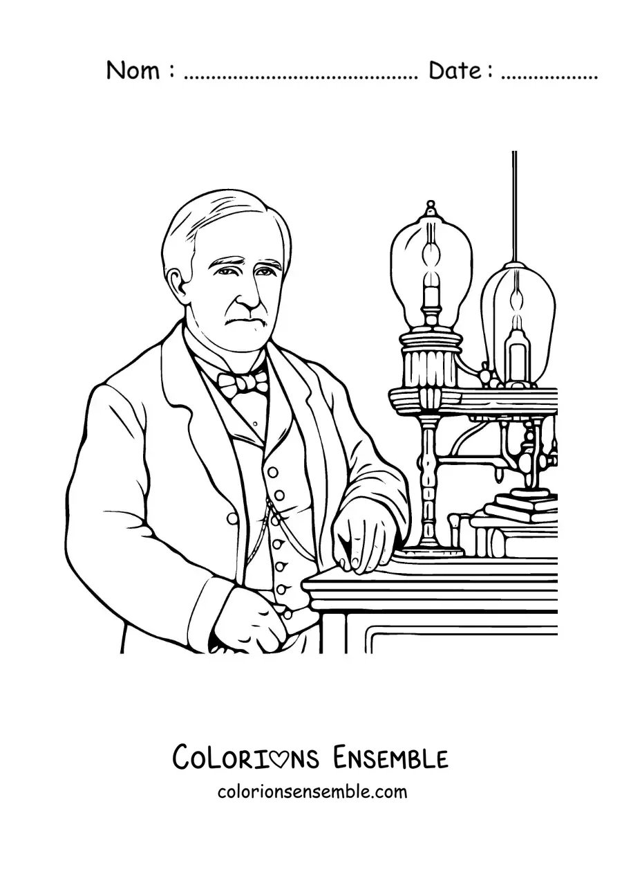 Image à colorier de l’inventeur Thomas Edison dans son atelier