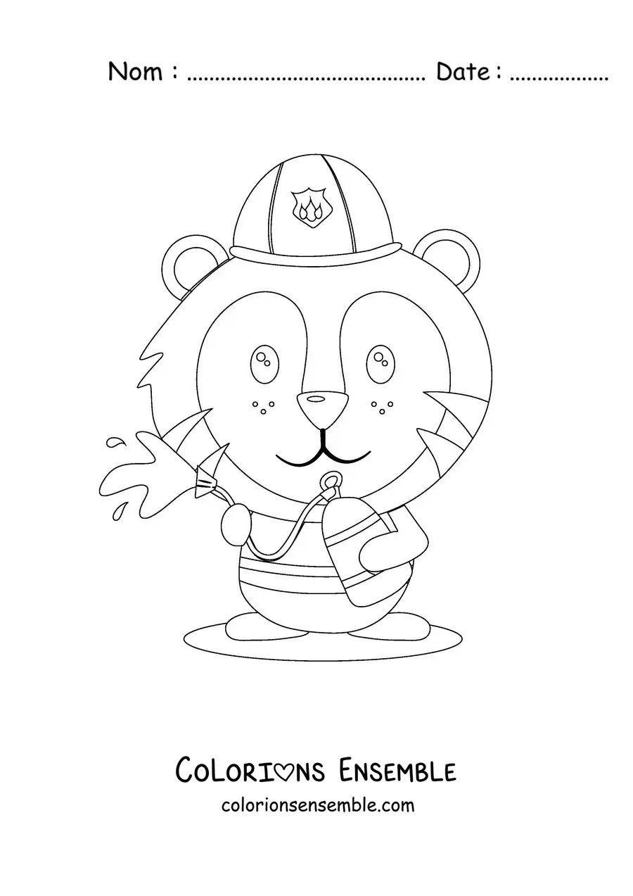 Image à colorier d'un tigre pompier animé éteignant un incendie