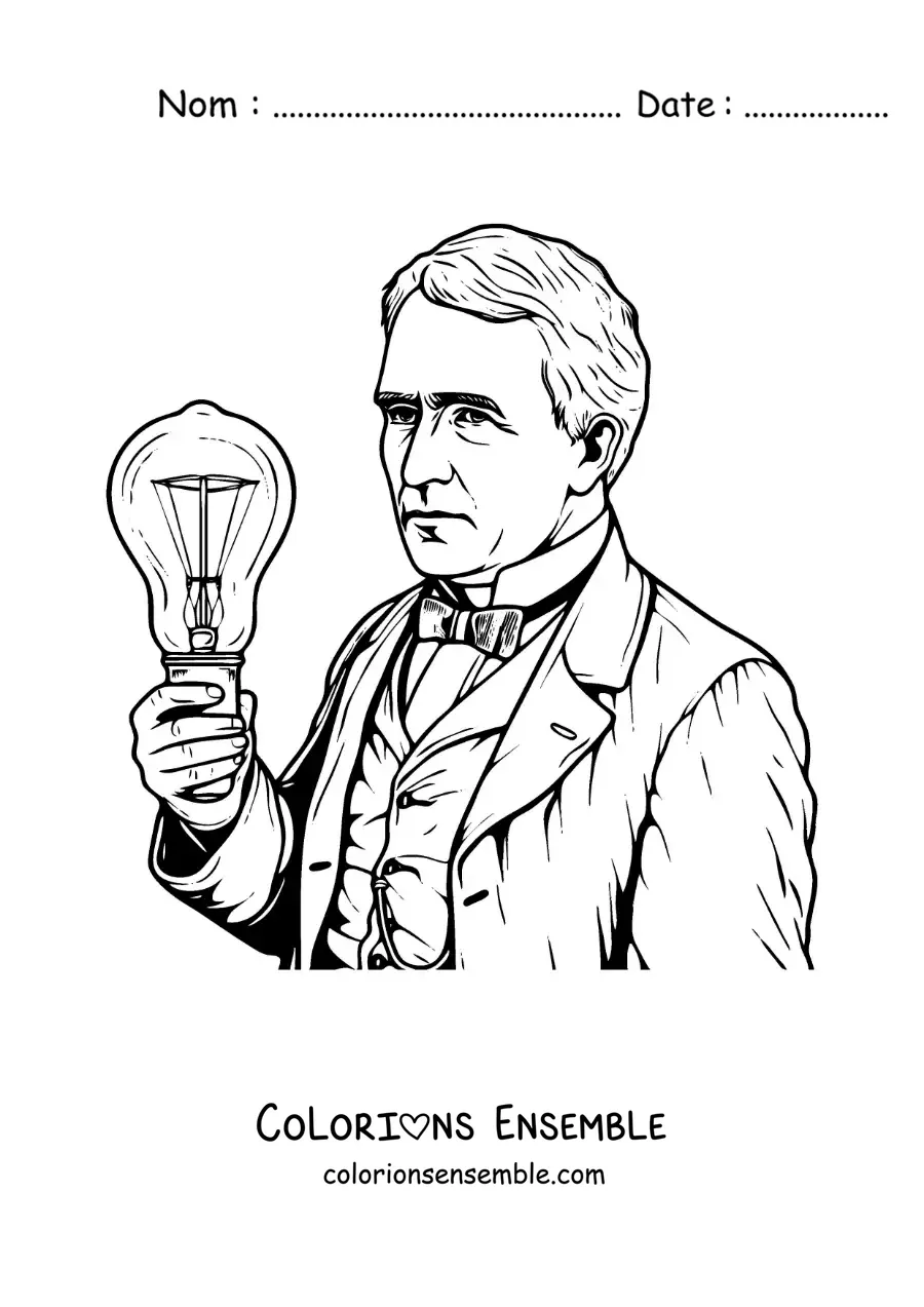 Image à colorier de Thomas Edison réaliste avec une ampoule