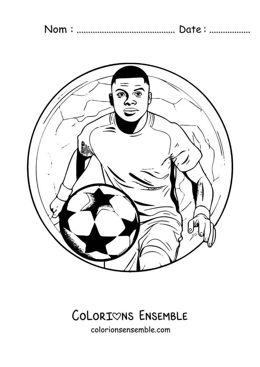 Image à colorier de Kylian Mbappé version dessin animé avec un ballon de football