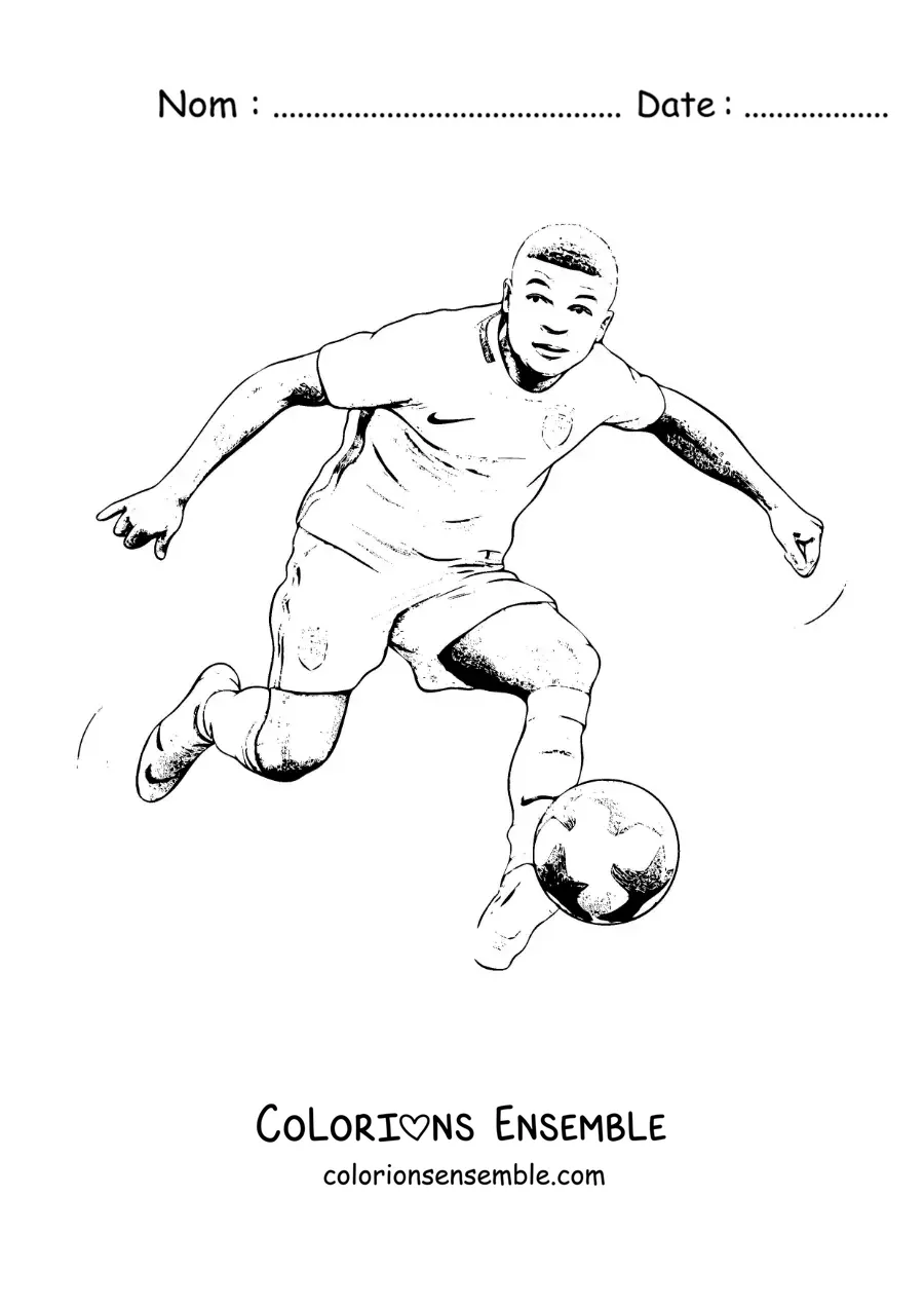 Image à colorier de Kylian Mbappé version dessin animé en train de jouer au football