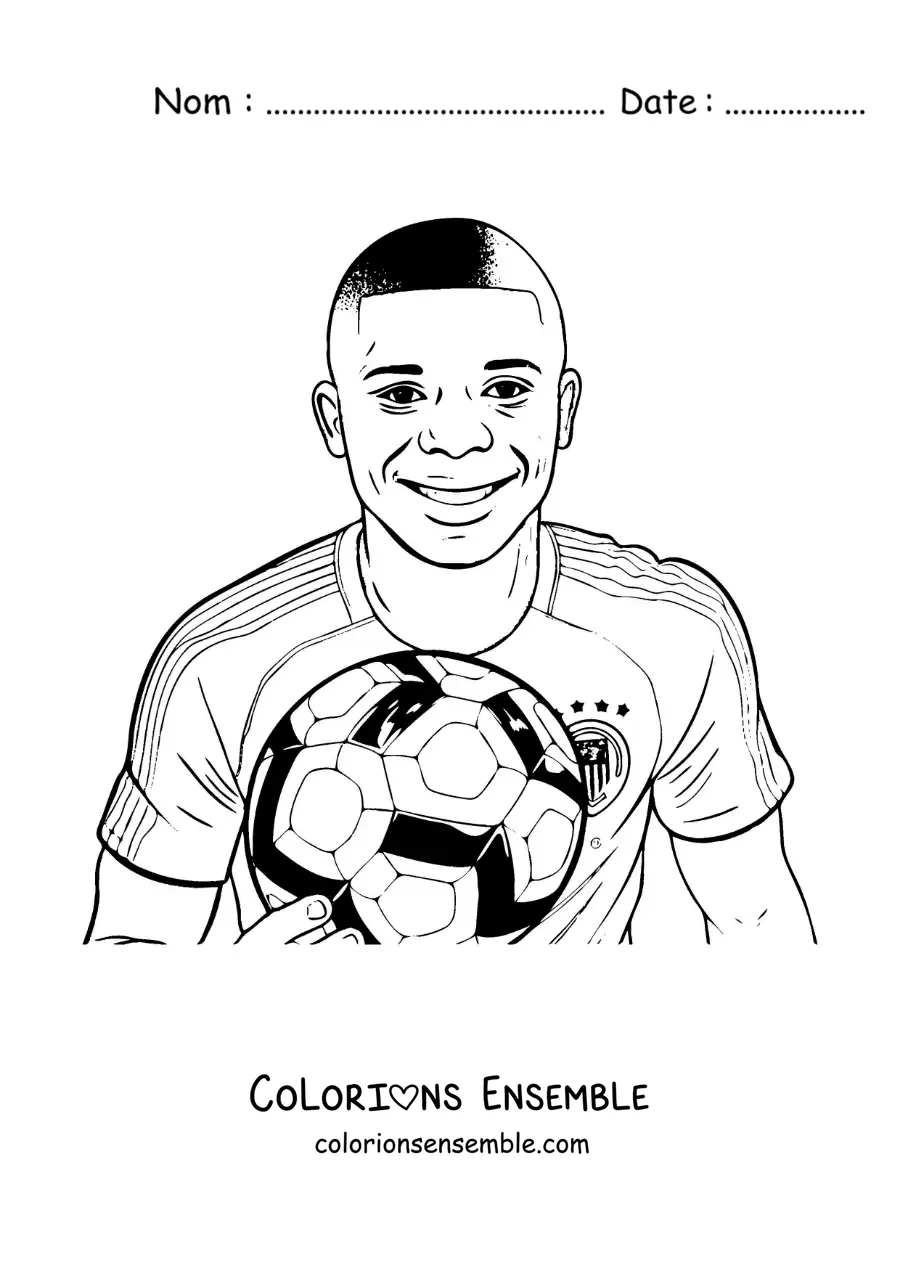 Image à colorier d’un portrait de Kylian Mbappé souriant avec un ballon de football, version dessin animé