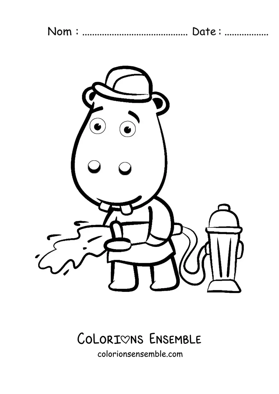 Image à colorier d'un hippopotame pompier animé éteignant un incendie
