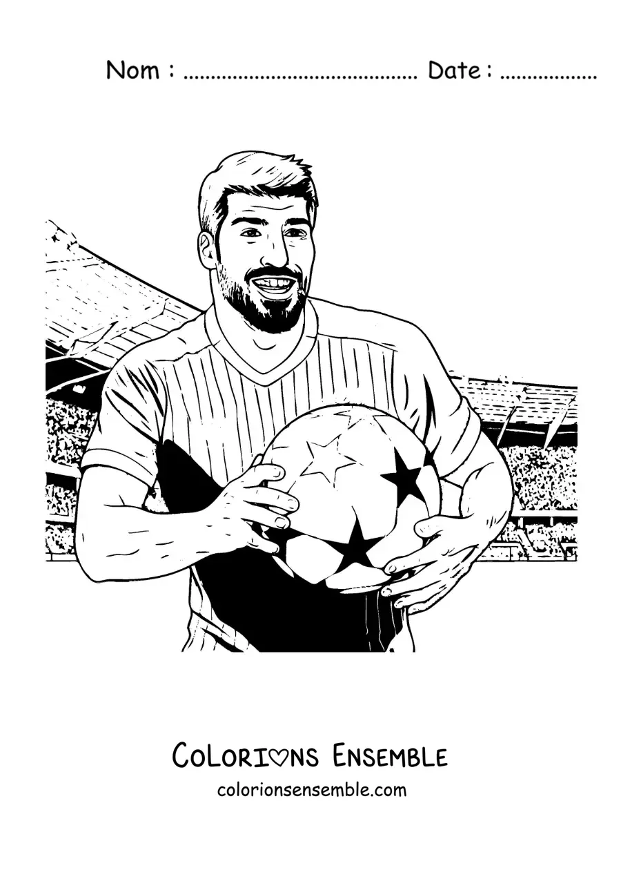 Image à colorier de Luis Suárez version dessin animé avec un ballon de football