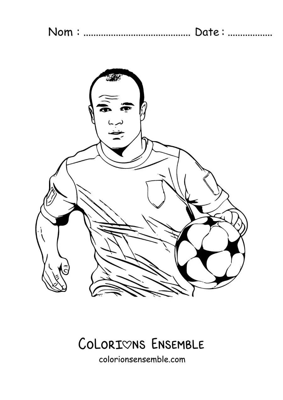 Image à colorier d’Andrés Iniesta version dessin animé en train de jouer au football