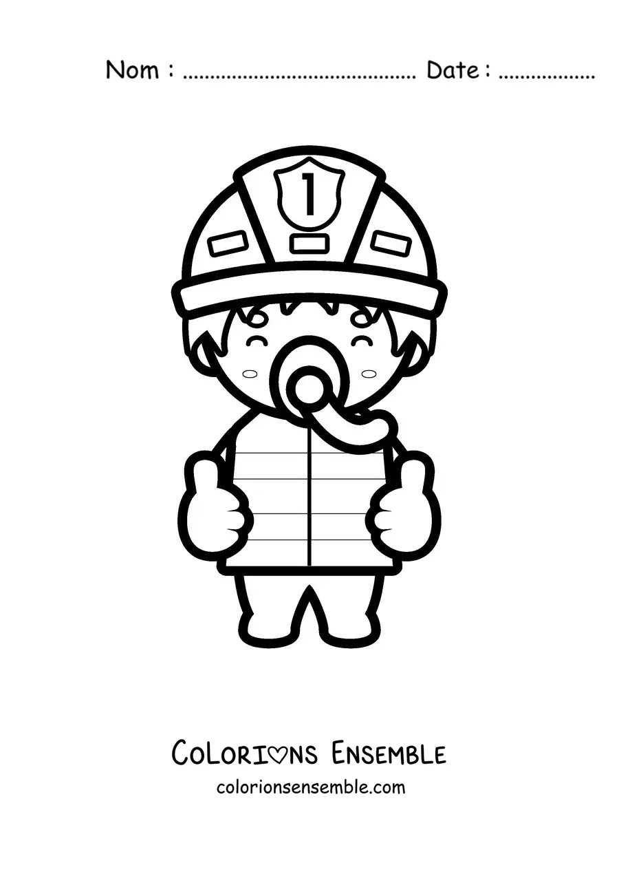 Image à colorier d'un pompier kawaii portant un masque respiratoire
