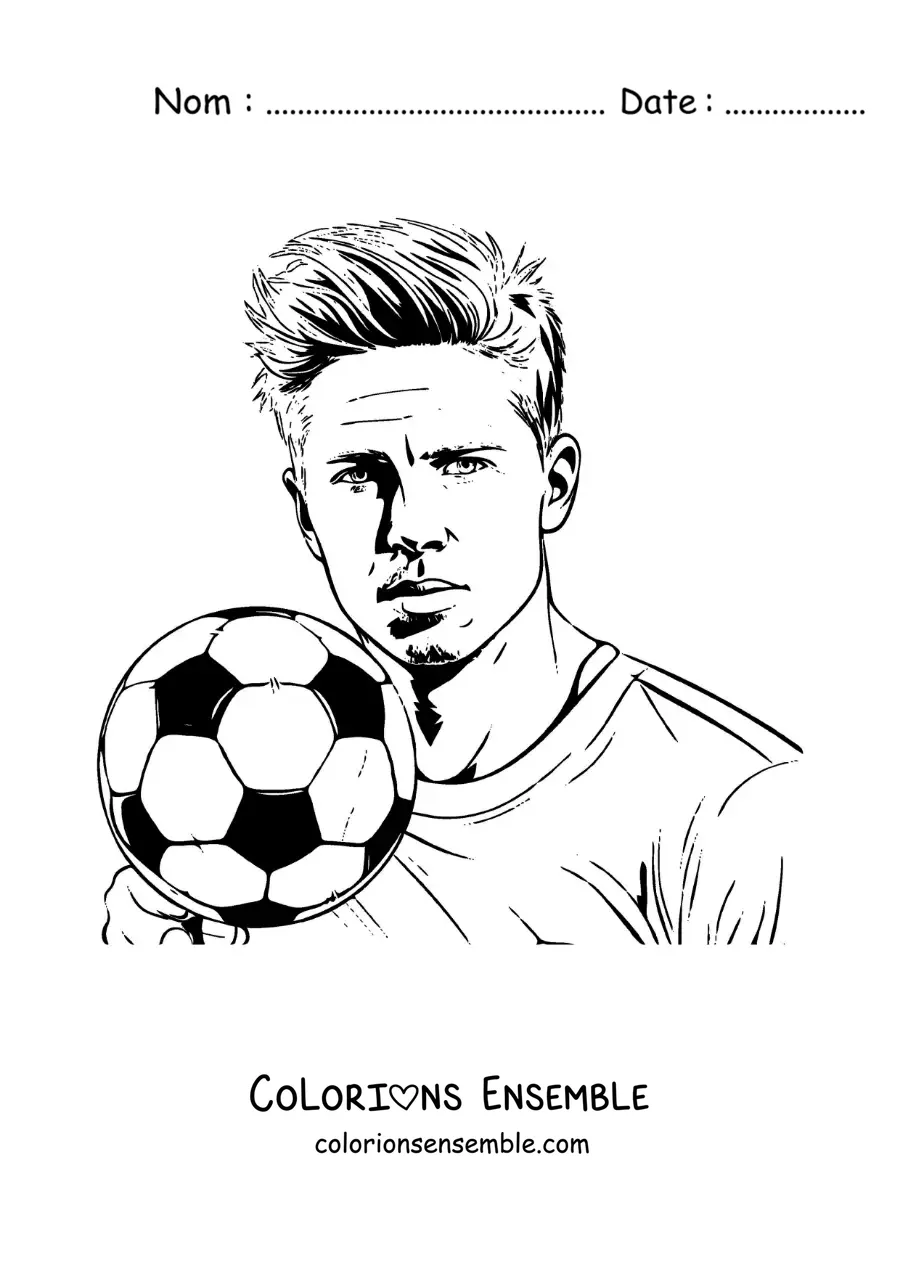 Image à colorier d’un portrait réaliste de Kevin De Bruyne avec un ballon de football