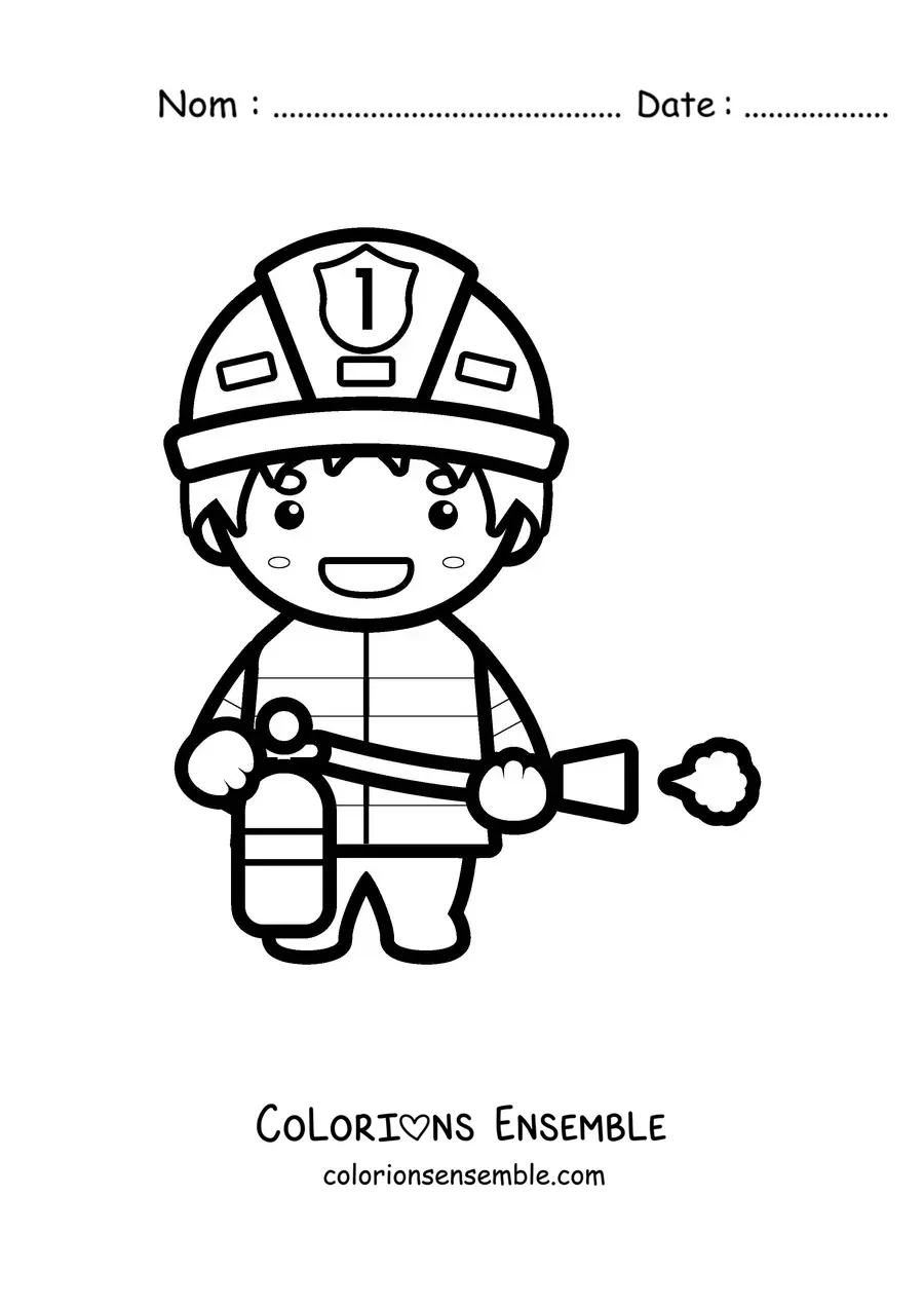 Image à colorier d'un pompier kawaii avec un extincteur