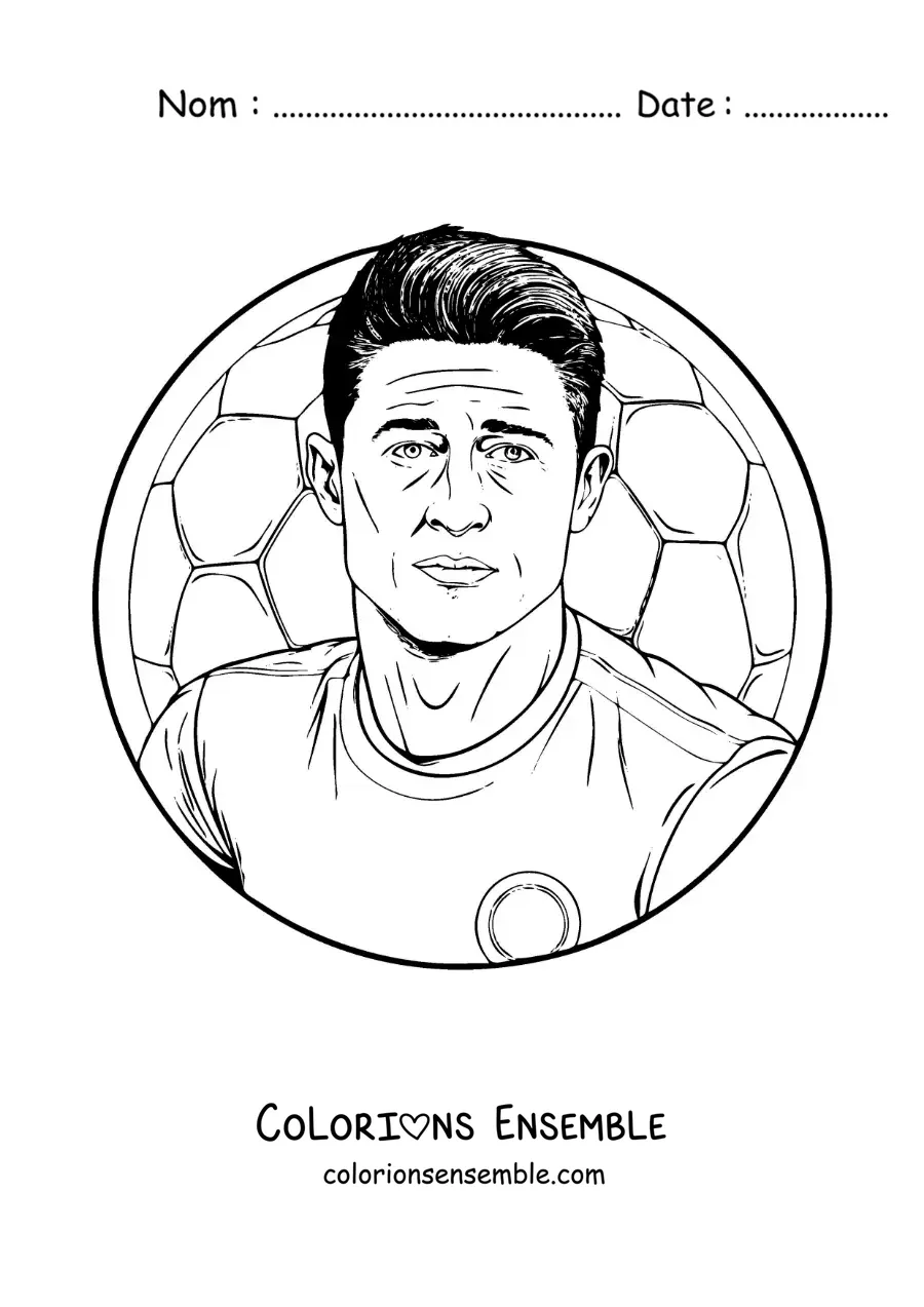 Image à colorier d’un portrait réaliste de Robert Lewandowski avec un ballon en arrière-plan