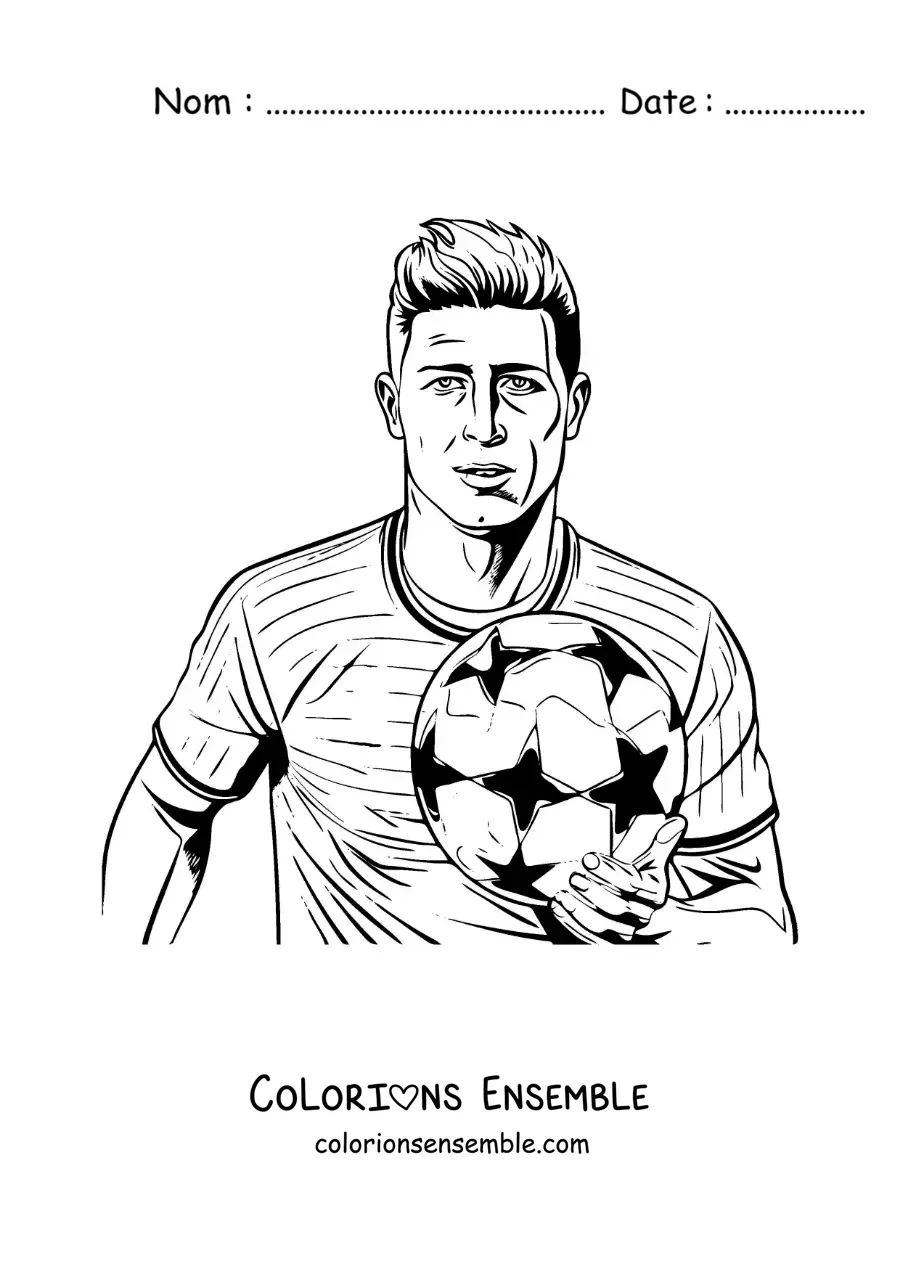 Image à colorier de Robert Lewandowski version dessin animé avec un ballon de football