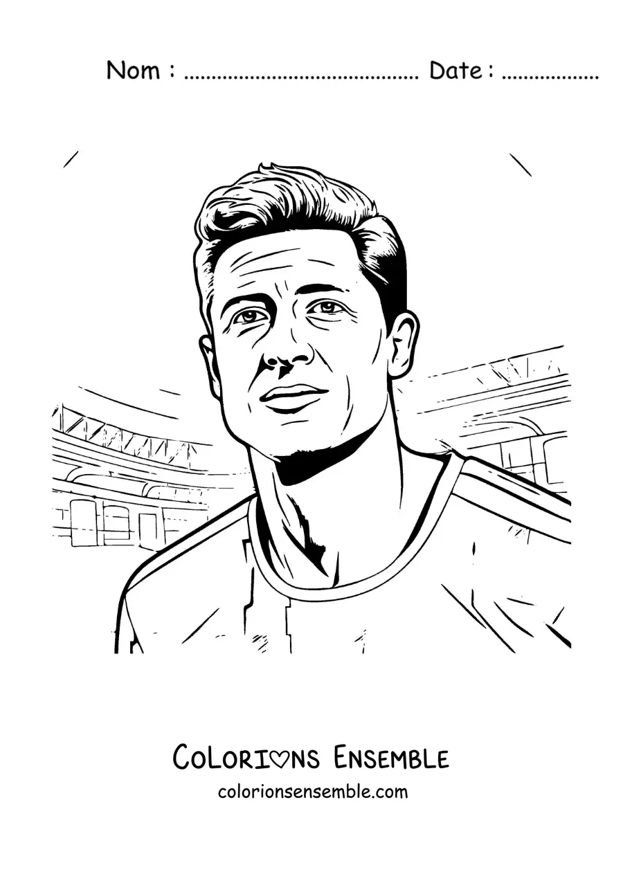 Image à colorier d’un portrait de Robert Lewandowski version dessin animé dans le stade