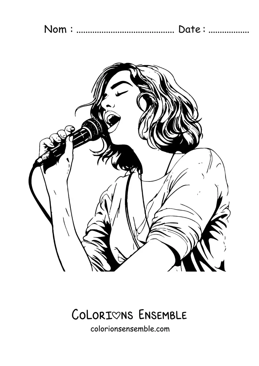 Coloriage de Dua Lipa version dessin animé en train de chanter avec un micro