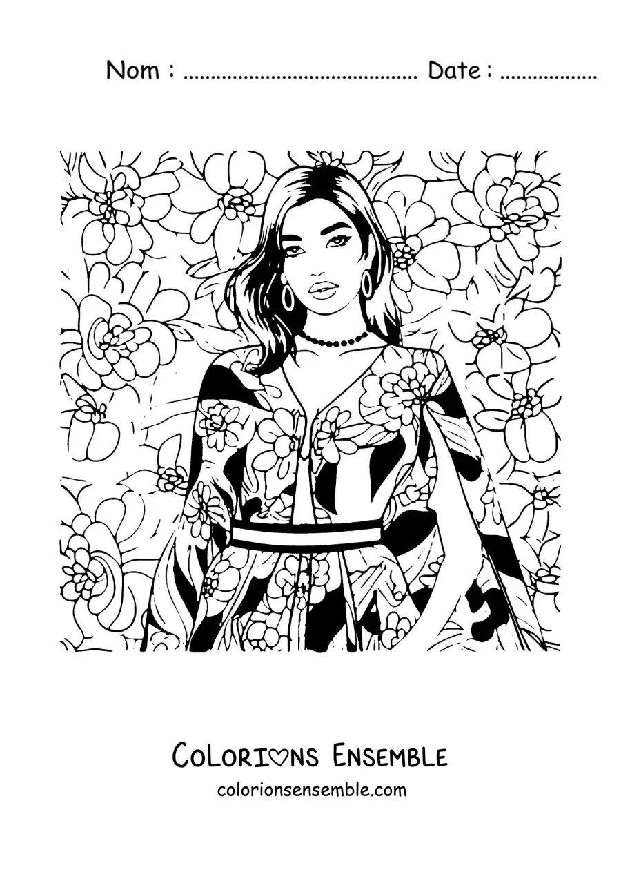 Coloriage de Dua Lipa version dessin animé avec une robe et des fleurs
