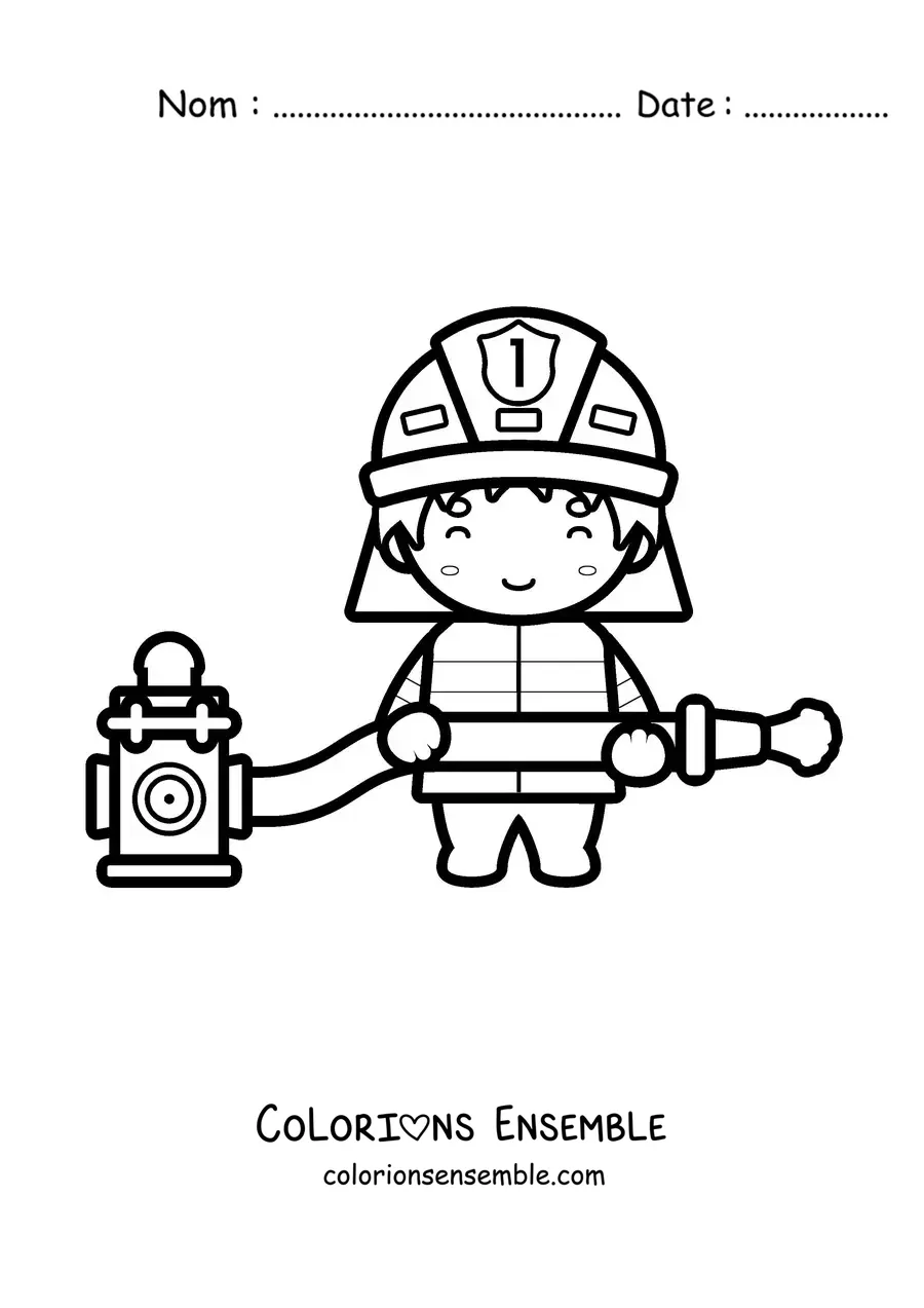 Image à colorier d'un pompier kawaii avec un tuyau