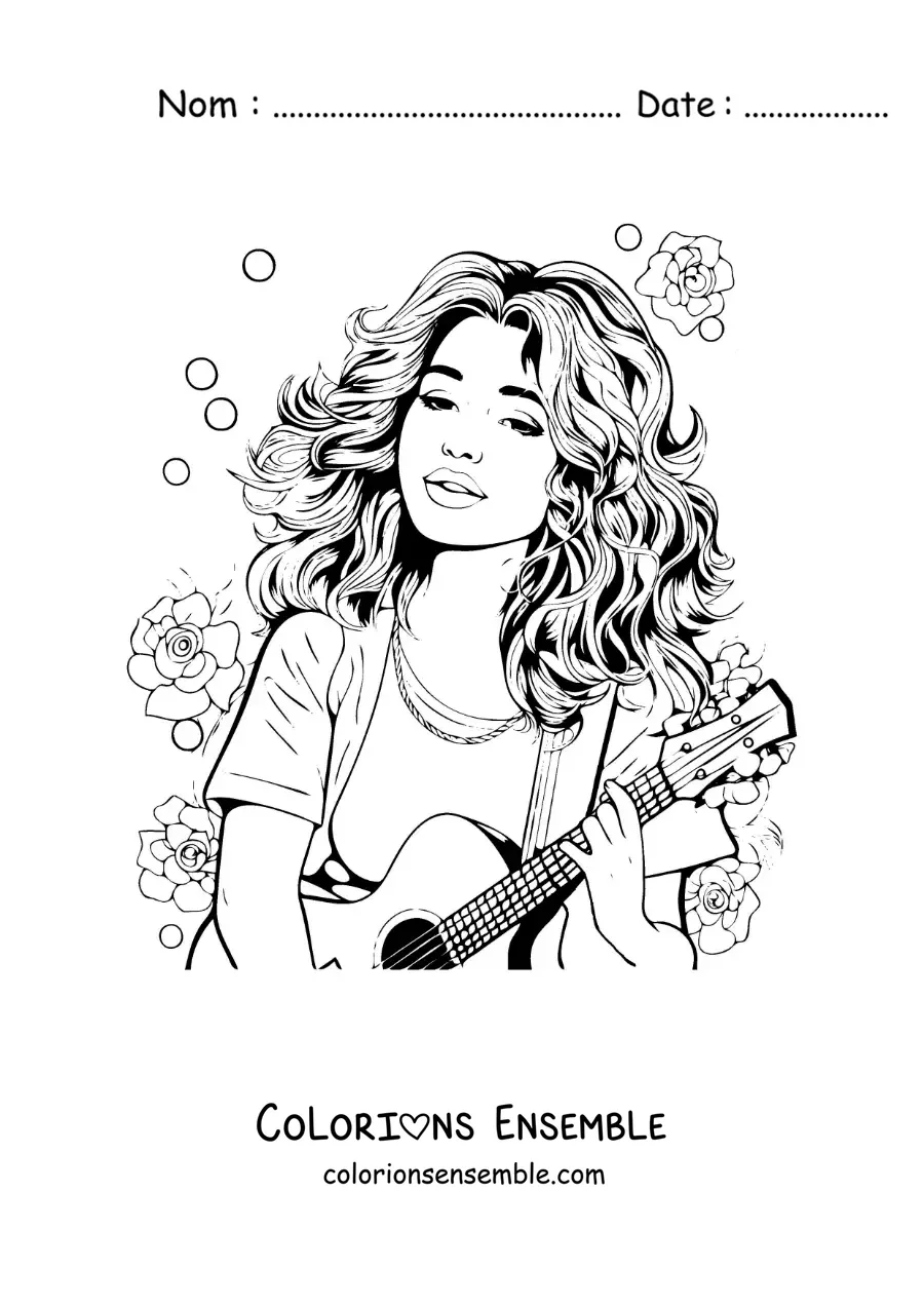 Coloriage de Selena Gomez façon dessin animé avec une guitare et des fleurs