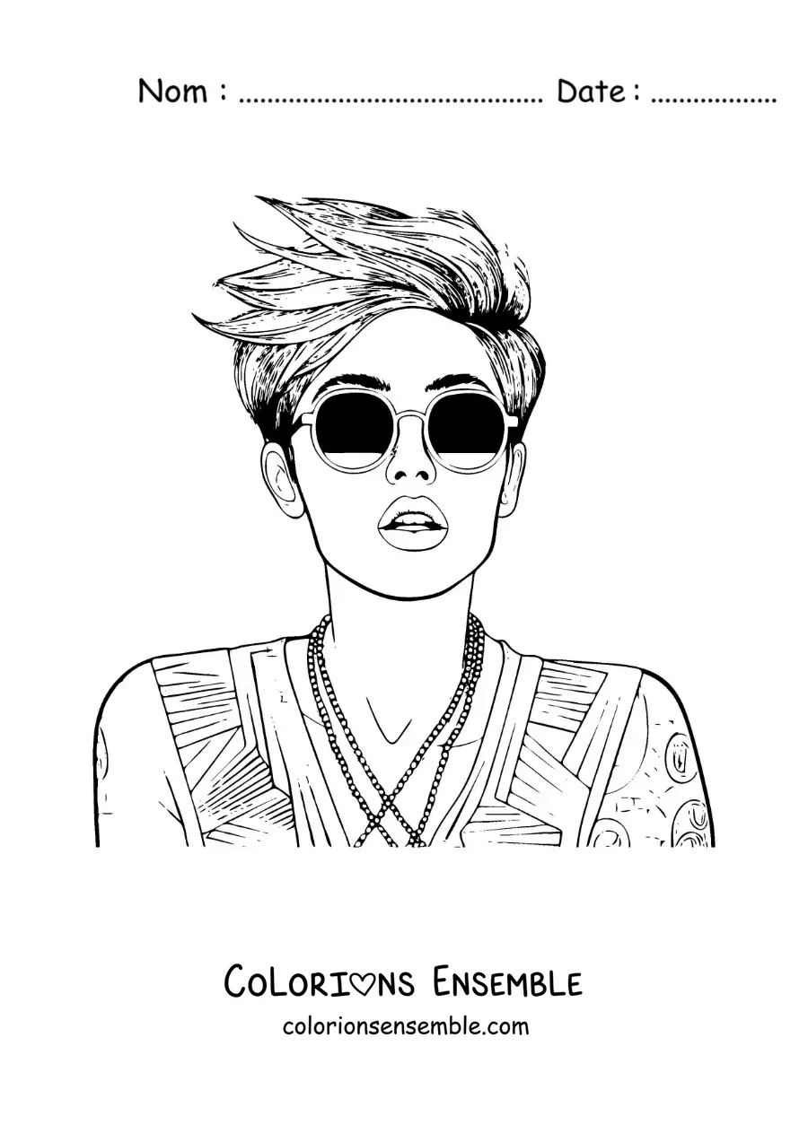 Coloriage de Miley Cyrus version dessin animé avec des lunettes de soleil et les cheveux courts