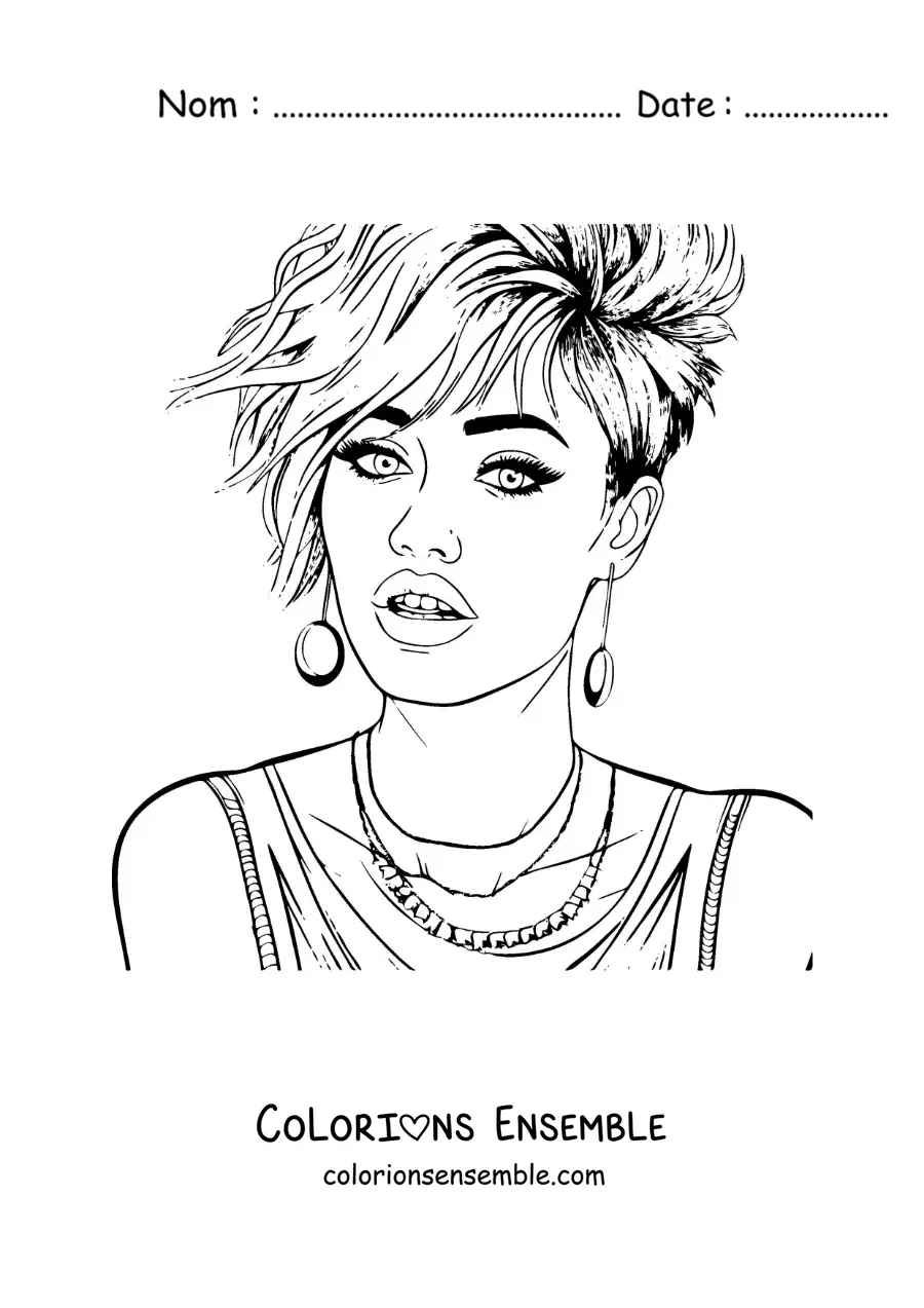 Coloriage de Miley Cyrus version dessin animé avec une coupe courte