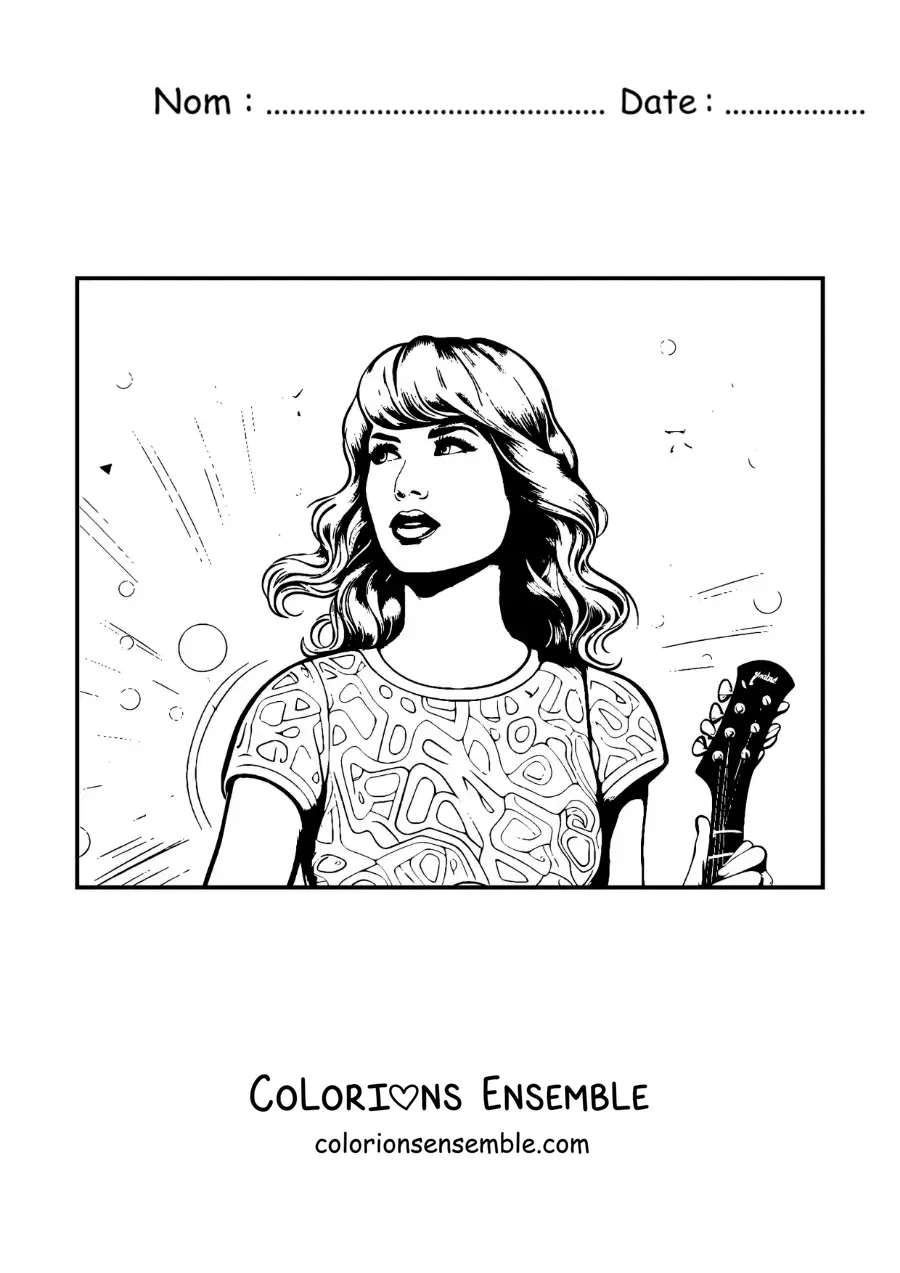 Coloriage de Taylor Swift version dessin animé avec une guitare