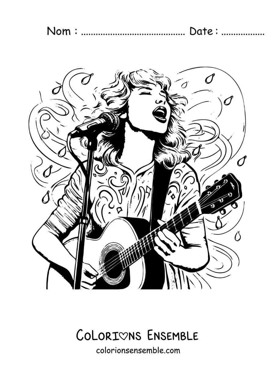 Coloriage de Taylor Swift façon dessin animé en train de chanter avec une guitare