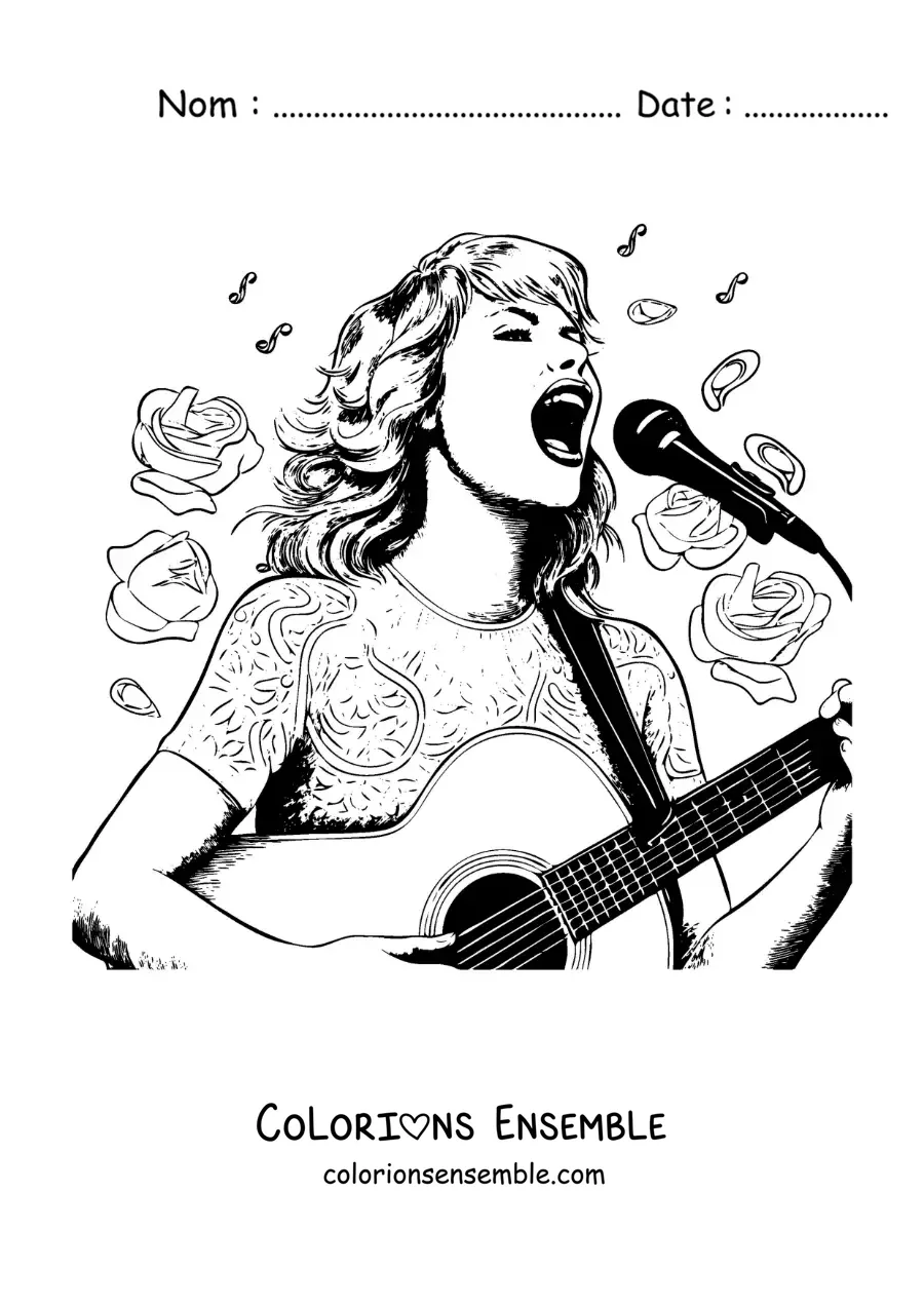 Coloriage de Taylor Swift version dessin animé en train de chanter avec une guitare