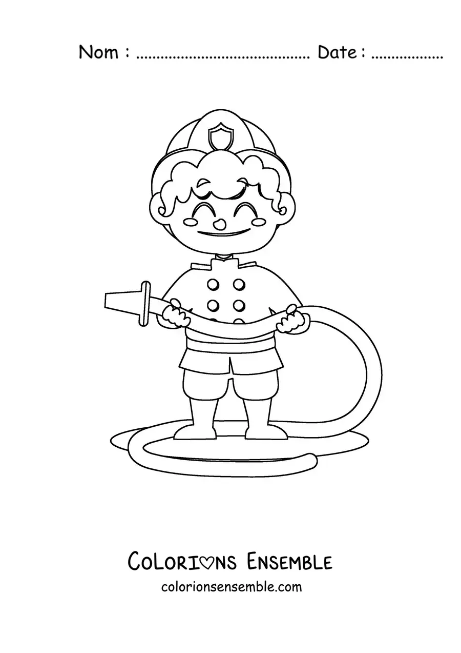 Image à colorier d'un garçon pompier avec un tuyau