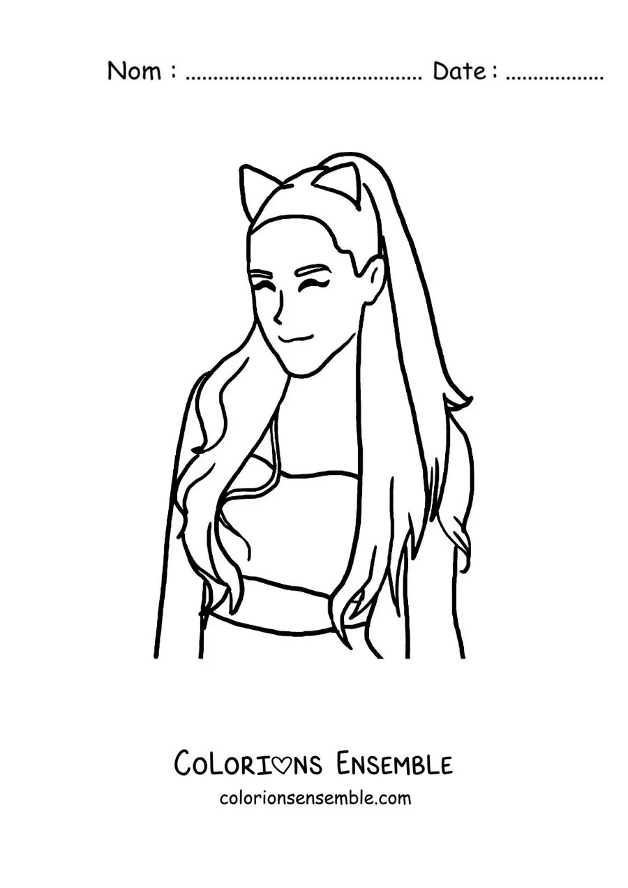 Coloriage d’Ariana Grande version dessin animé kawaii avec des oreilles de chat