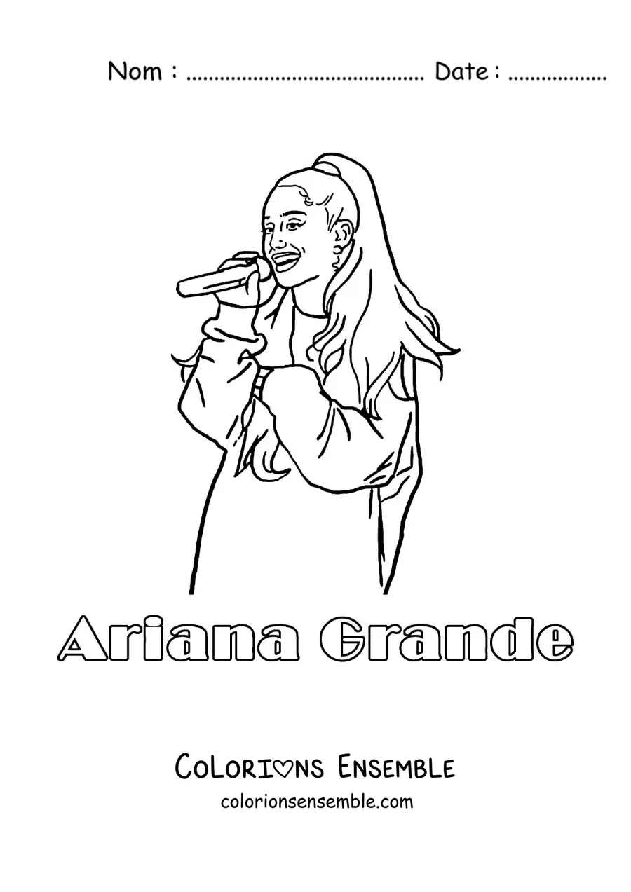 Coloriage d’un portrait d’Ariana Grande version dessin animé en train de chanter avec son nom