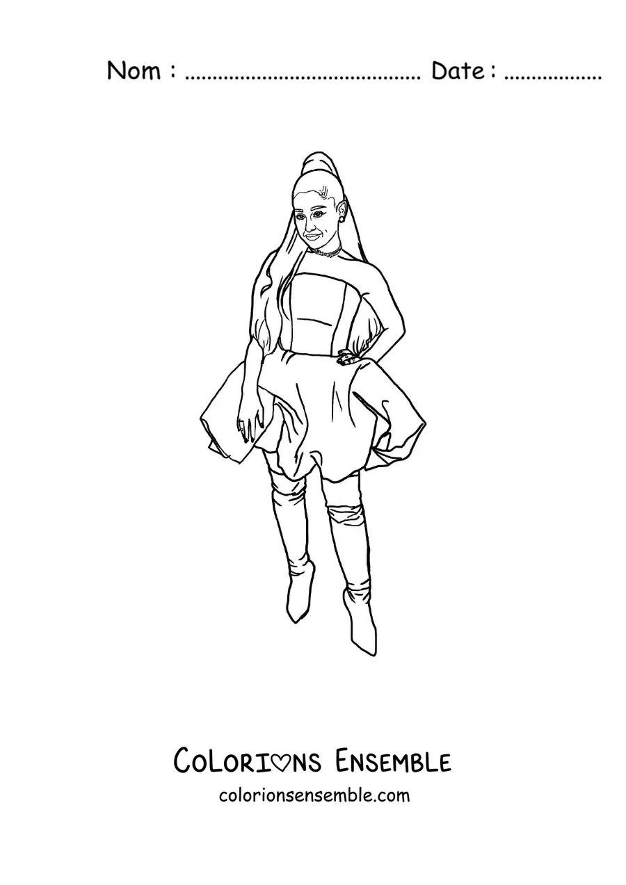 Coloriage d’Ariana Grande version dessin animé avec une robe et des bottes
