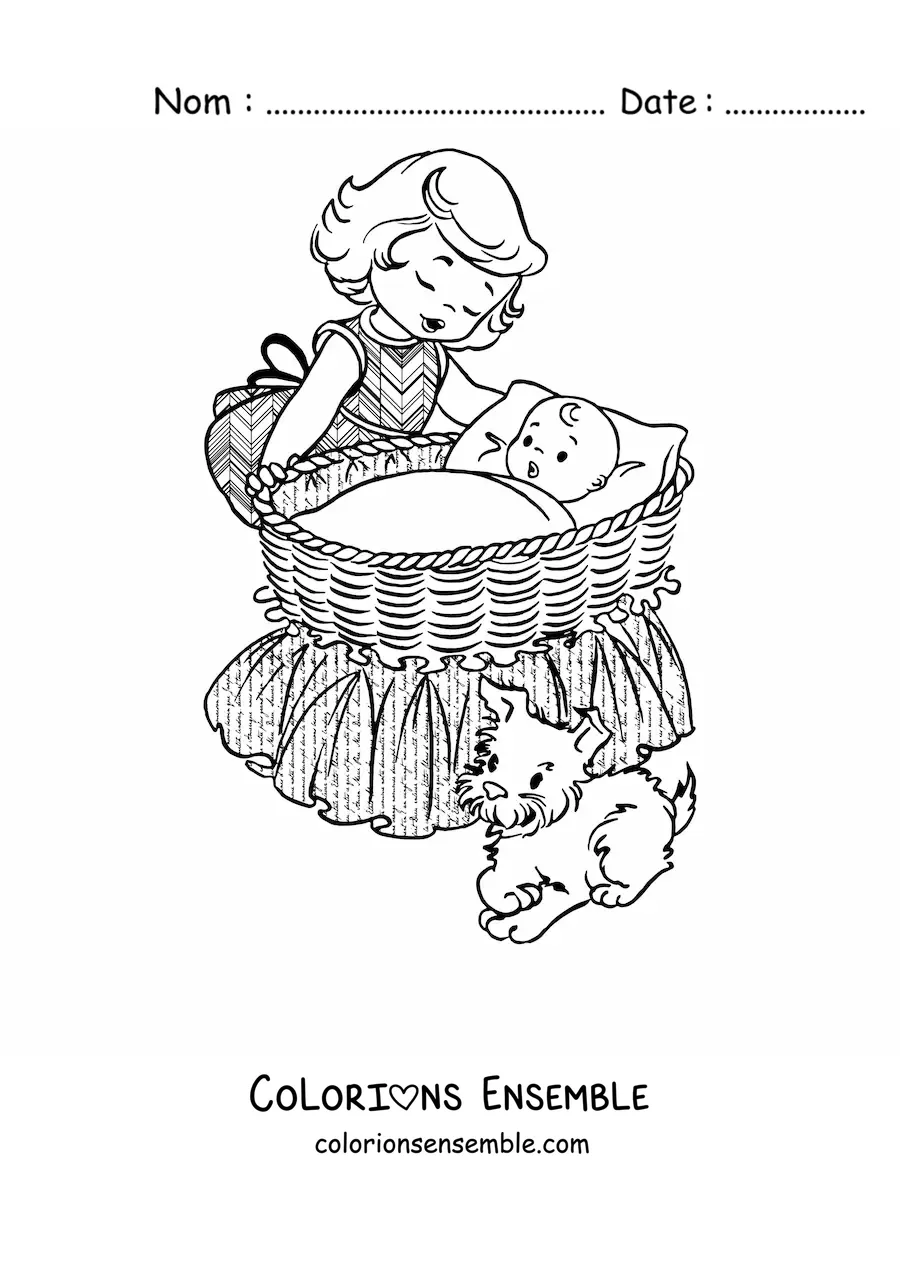 Image à colorier d’une fille et d’un chien près d’un bébé dans un berceau