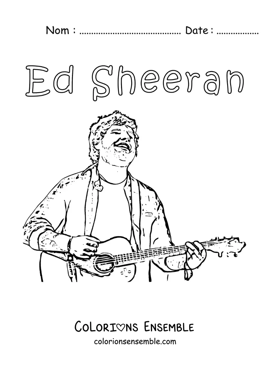 Coloriage d’un dessin au crayon d’Ed Sheeran version dessin animé en train de chanter avec une guitare