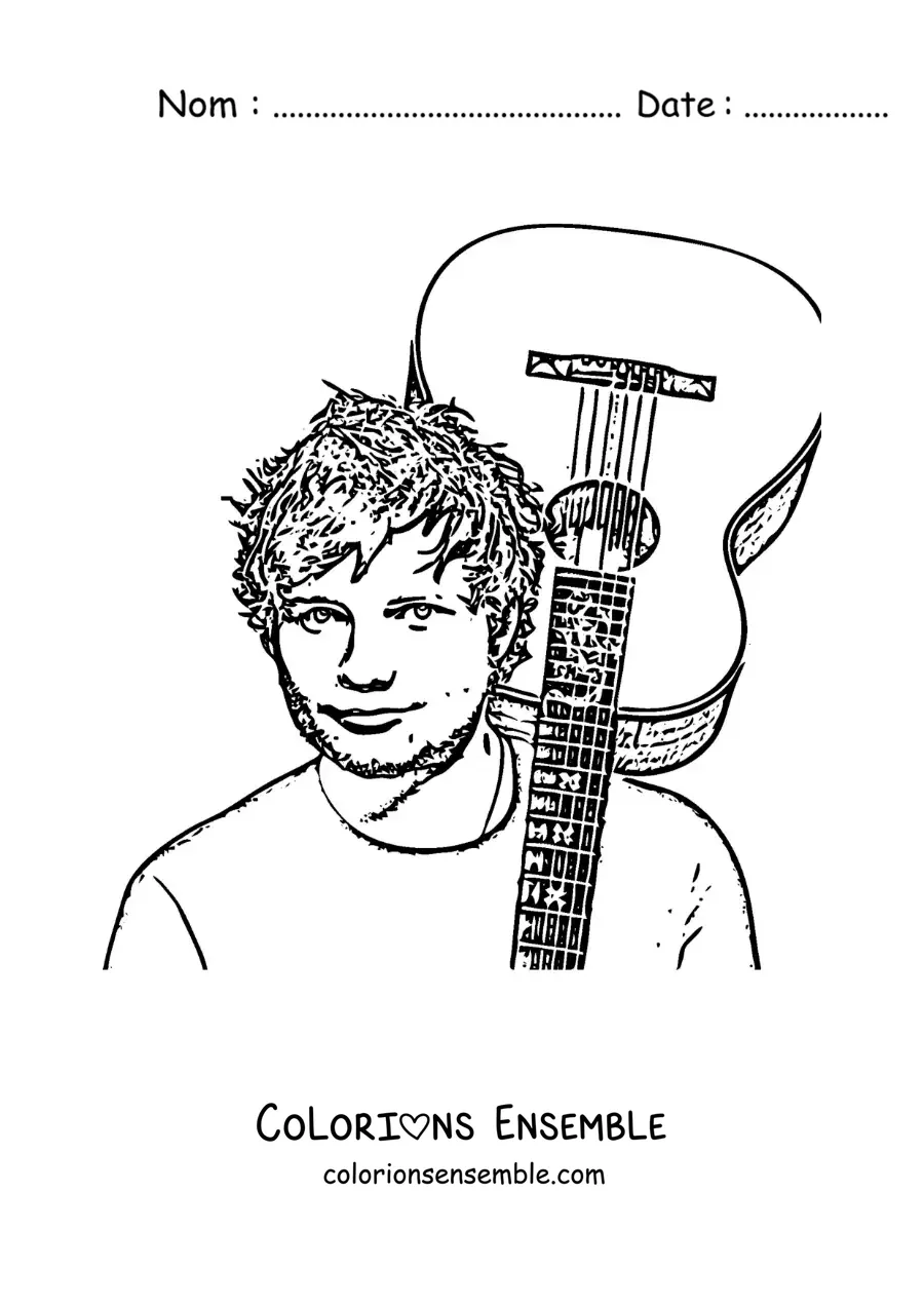 Coloriage d’un portrait au crayon d’Ed Sheeran avec une guitare