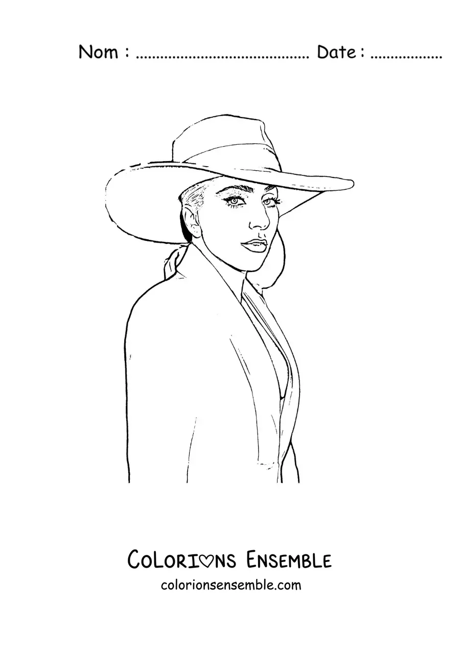 Coloriage d’un portrait de Lady Gaga version dessin animé avec un chapeau