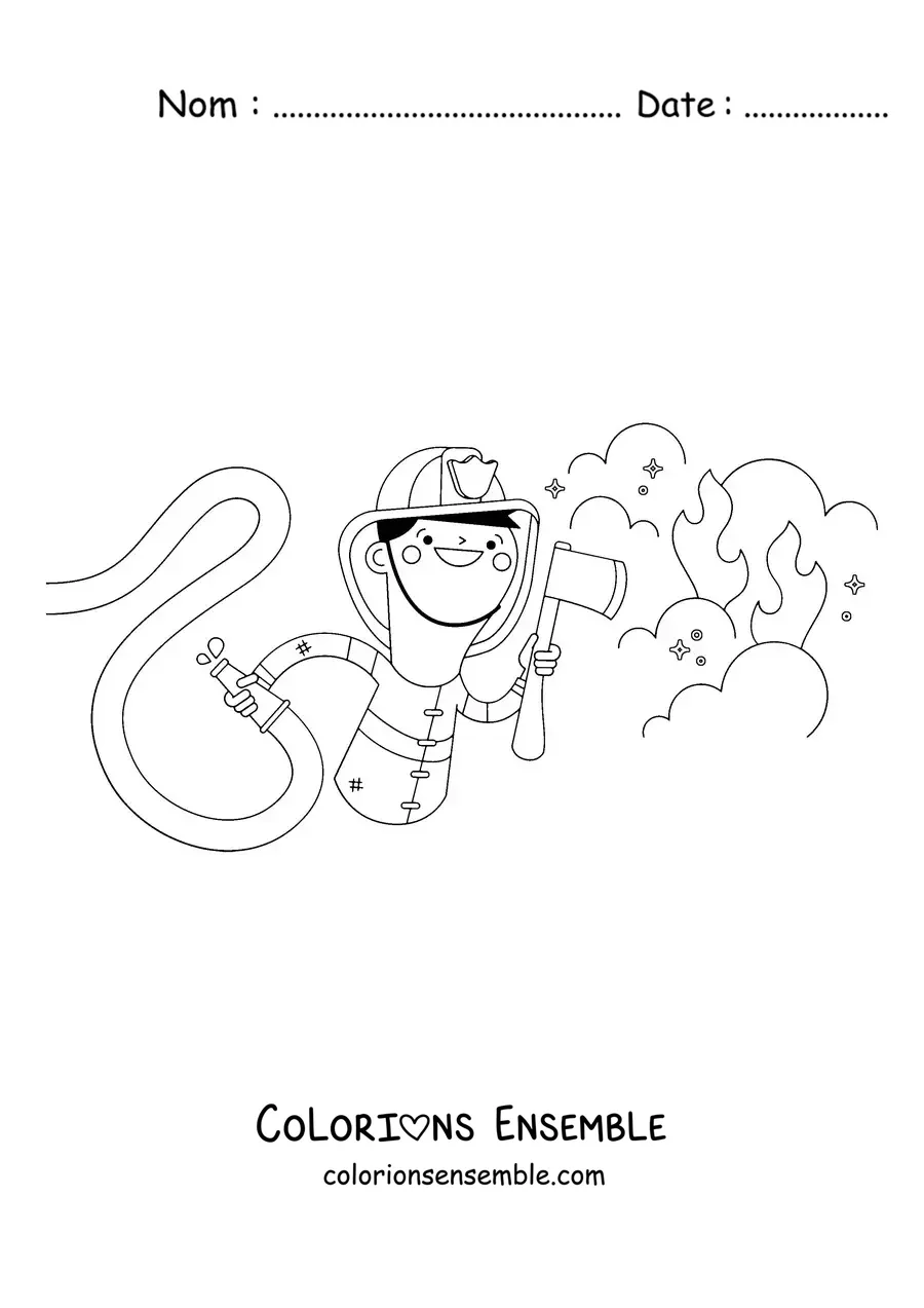 Image à colorier d'un pompier animé dans un incendie